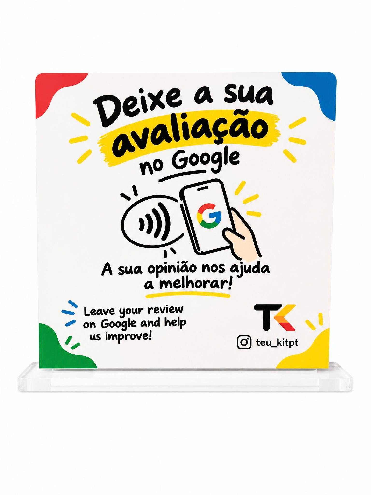Cartão NFC para Avaliações Google – 13 × 13 cm com Suporte